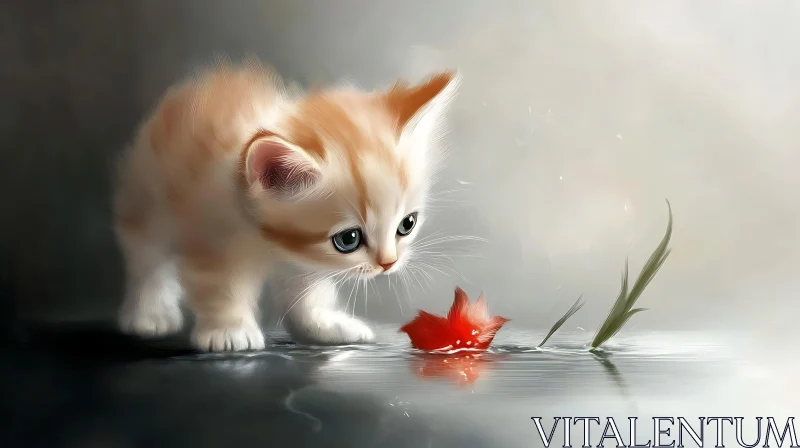 Curious Kitten Stares at Red Leaf on Water AI Image