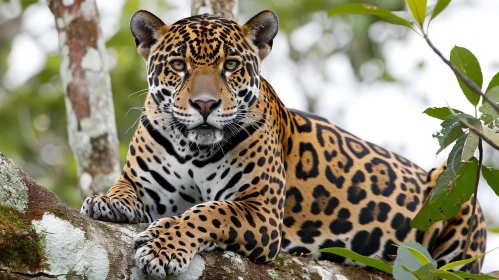 Captivating Jaguar Resting on Tree Branch - Striking Black Spots