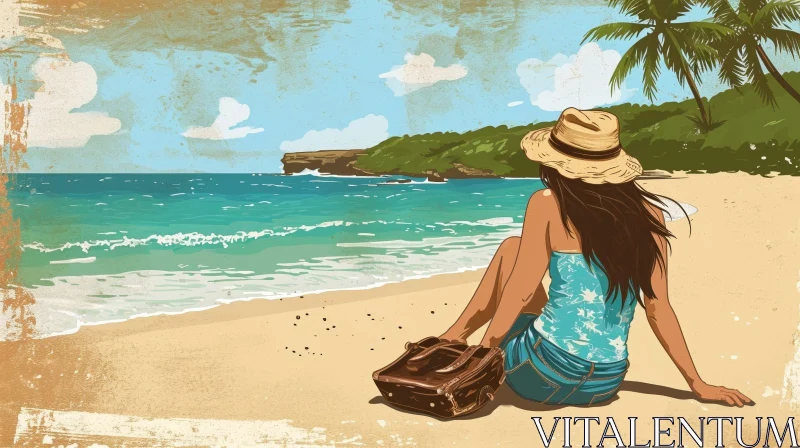 Cartoon Illustration of Woman Sitting on Beach AI Image