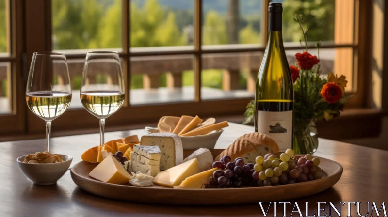Cheese, Wine, and Grapes Plate on a Rustic Timber Frame Table AI Image