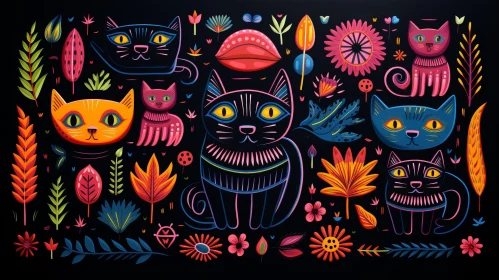 Colorful Cats and Flowers Painting