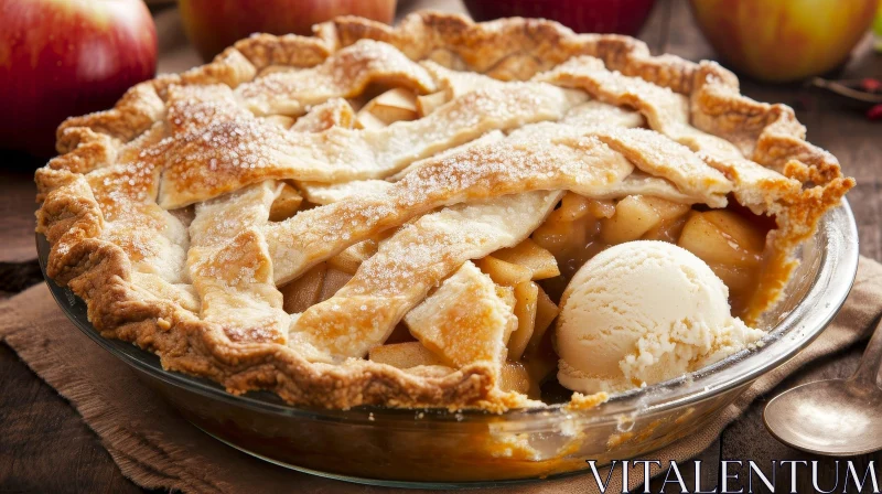 Delicious Apple Pie with Vanilla Ice Cream on a Rustic Wooden Table AI Image
