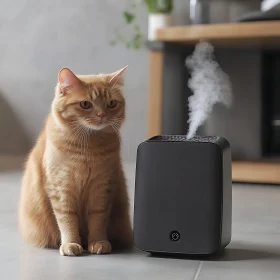 Attentive Cat with Humidifier in a Modern Home