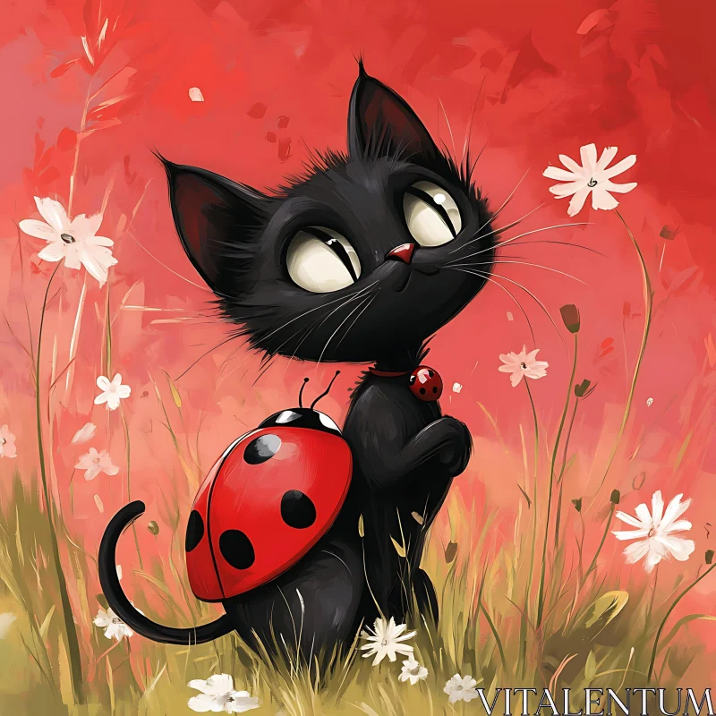 Playful Black Kitten with Ladybug Friends AI Image