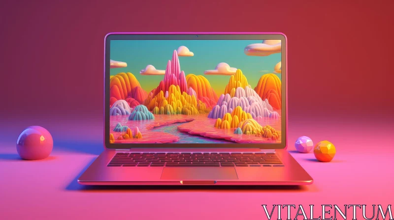 Pink Laptop with Colorful 3D Landscape Display AI Image