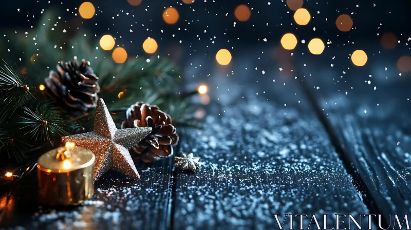 Festive Holiday Decorations with Snow and Lights AI Image