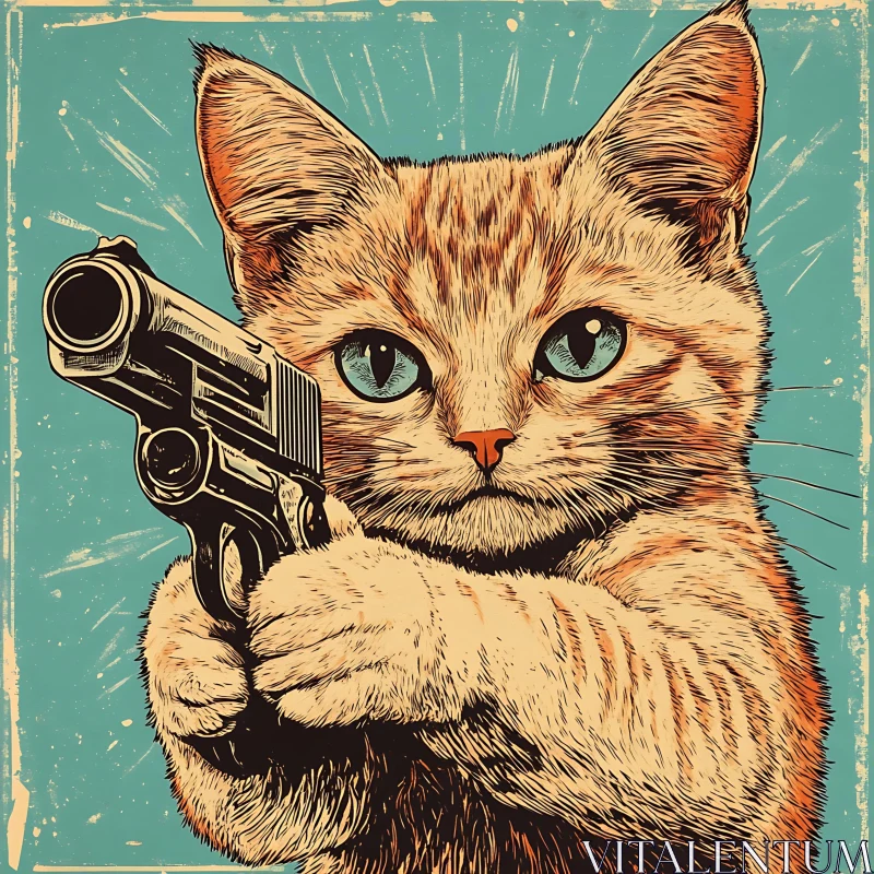 Vintage Art of Cat Pointing a Gun AI Image