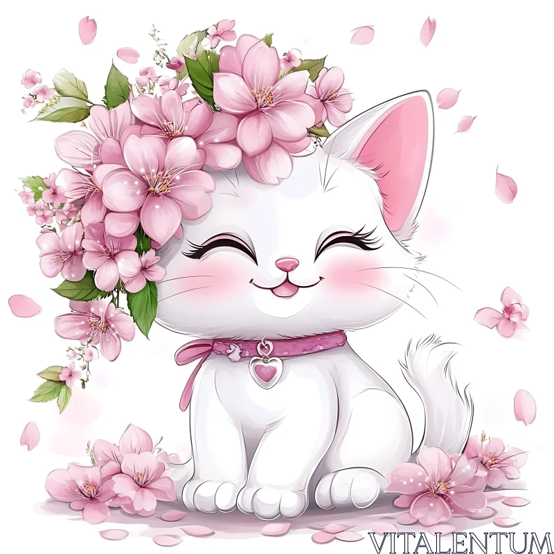 Happy White Kitten with Pink Flowers AI Image