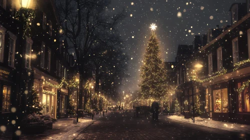 Festive Street with Christmas Lights and Snowflakes