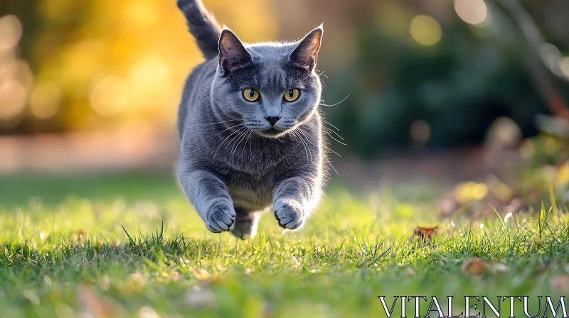 Focused Gray Cat Sprinting Outdoors AI Image