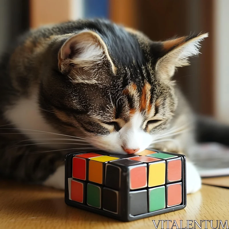 Cat Sniffing a Rubik's Cube Close-Up AI Image