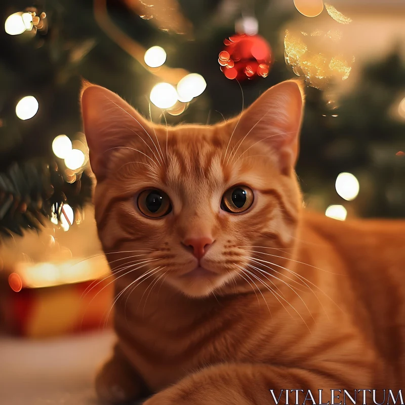 Festive Cat with Christmas Tree Lights AI Image