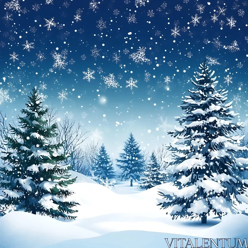 AI ART Winter Forest with Falling Snowflakes