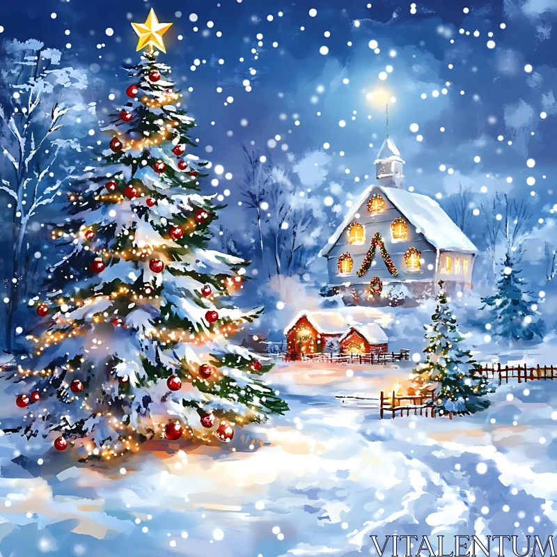 Serene Winter Night with Festive Christmas Decorations AI Image