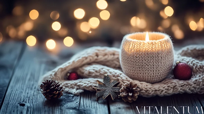 Festive Candle Decor with Knitted Sleeve and Ornaments AI Image