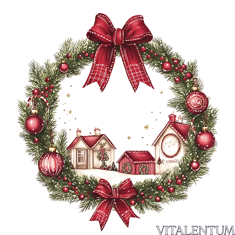 Festive Holiday Wreath with Winter Village AI Image