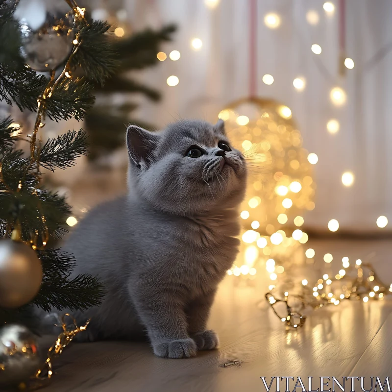 Cute Holiday Kitten with Decorations AI Image