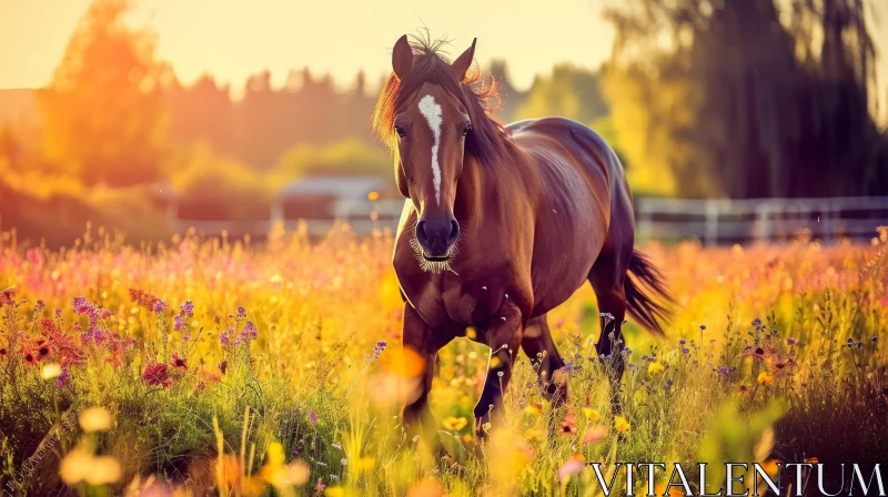 Brown Horse in Field of Flowers - Serene Nature Photograph AI Image