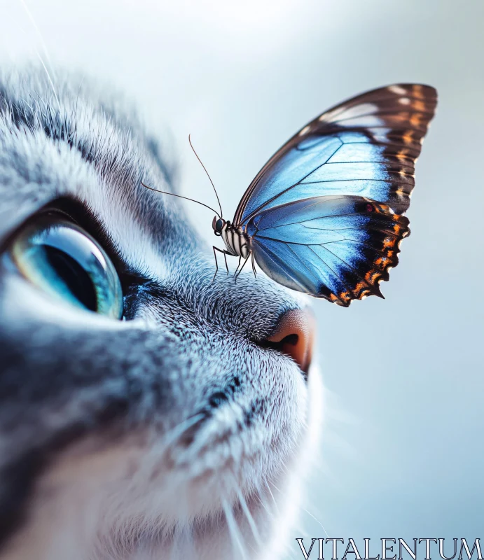 Delicate Blue Butterfly Rests on Curious Cat's Nose AI Image