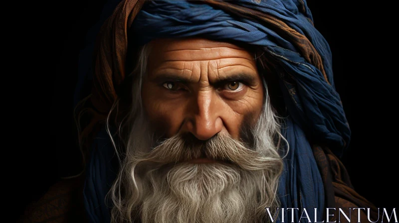 AI ART Elderly Man Portrait with White Beard and Blue Turban