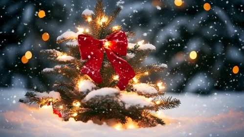 Festive Christmas Tree in Snow with Warm Lights