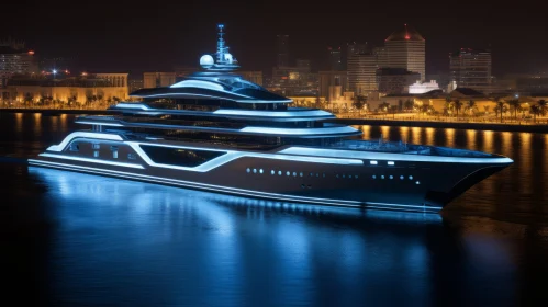 Luxury Yacht Illuminated at Night - A Blend of Photorealism and Hurufiyya Art