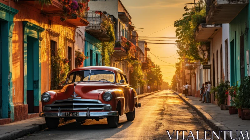 Old Classic Car Journey in Cuban Sunrise - Villagecore Aesthetic AI Image