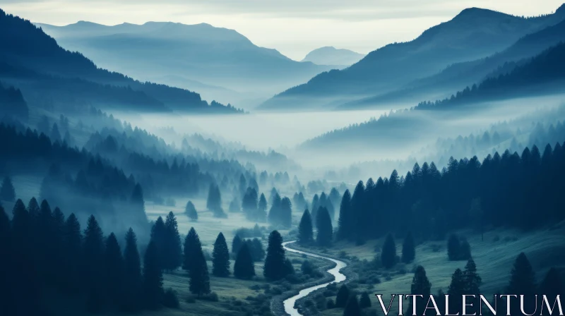 River Flows Past Mountains in Fog - Tranquil Landscape Wallpaper AI Image