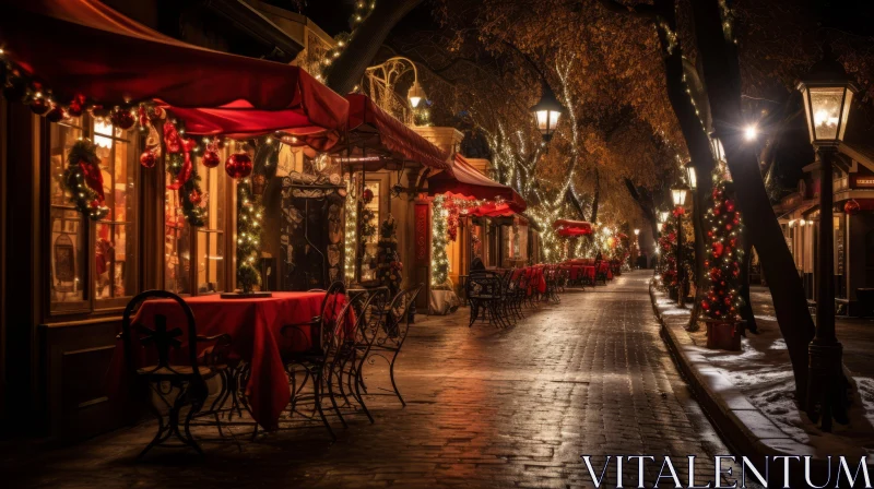 Romantic Holiday Street Scene: Sparkling Christmas Lights and Festive Atmosphere AI Image