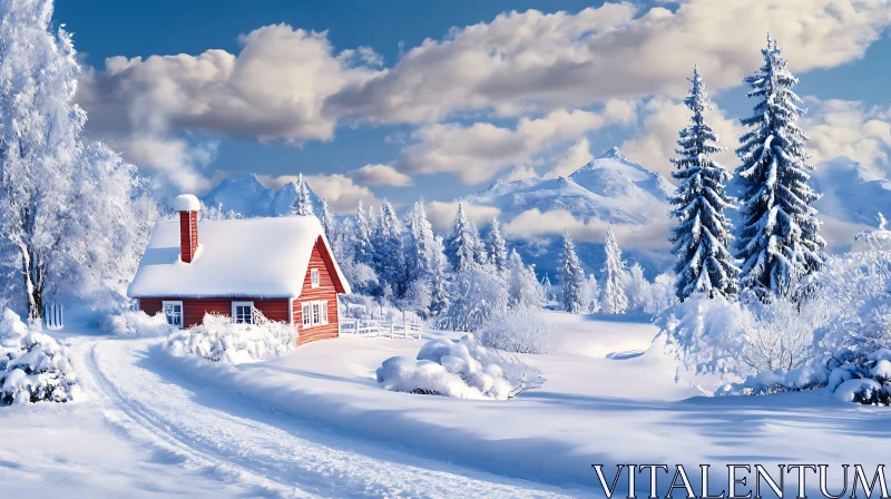 AI ART Tranquil Red Cabin in Winter Wonderland