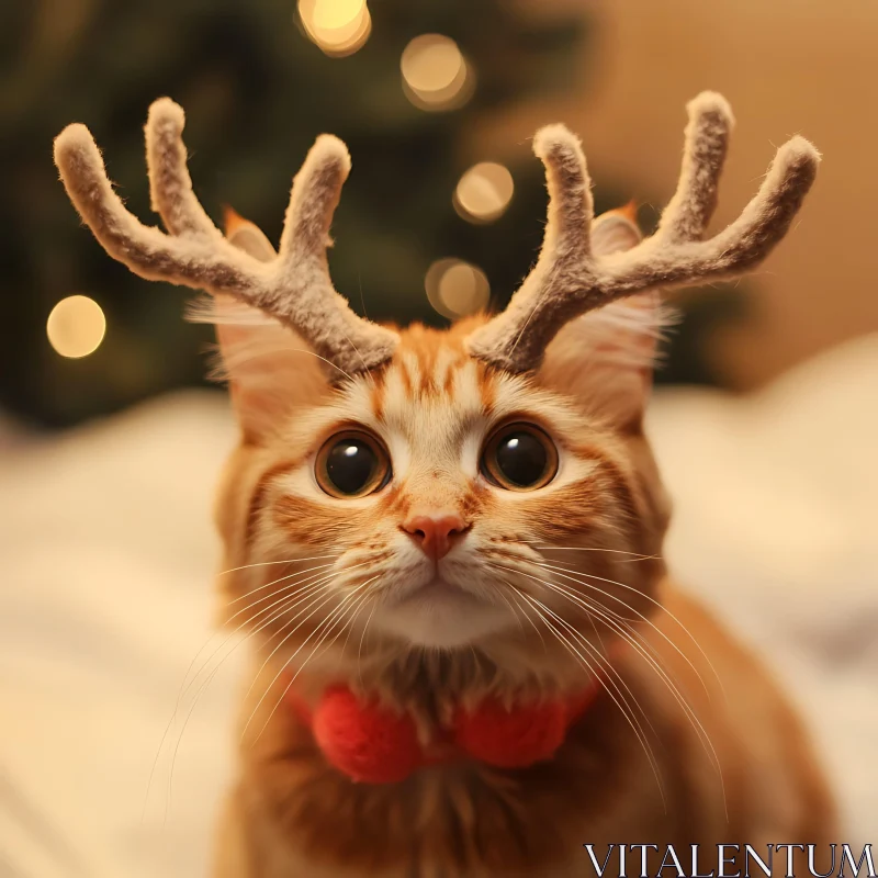 Cute Kitten Wearing Reindeer Antlers and Red Bow Tie AI Image