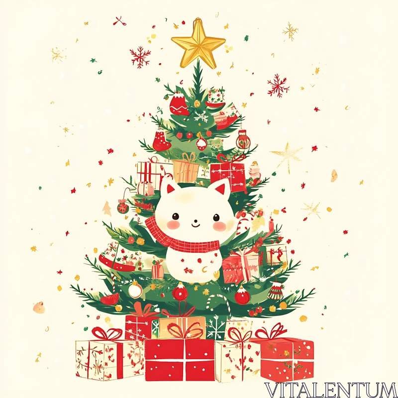 Holiday Cat with Presents and Decorated Christmas Tree AI Image