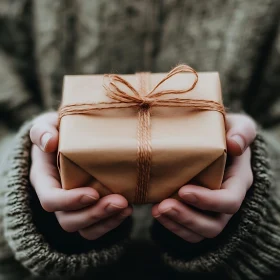 Gift Box Held by Hands in a Knitted Sweater