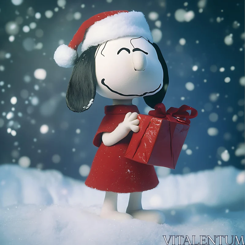 Festive Cartoon Character with Gift in Snow AI Image