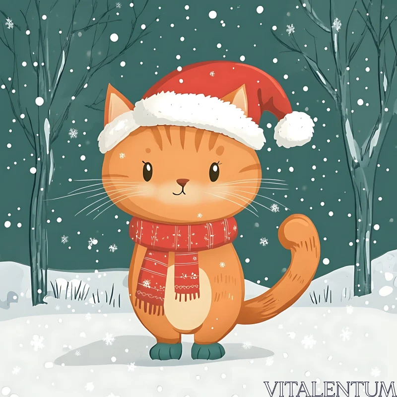 Holiday Cartoon Cat with Santa Hat and Scarf AI Image