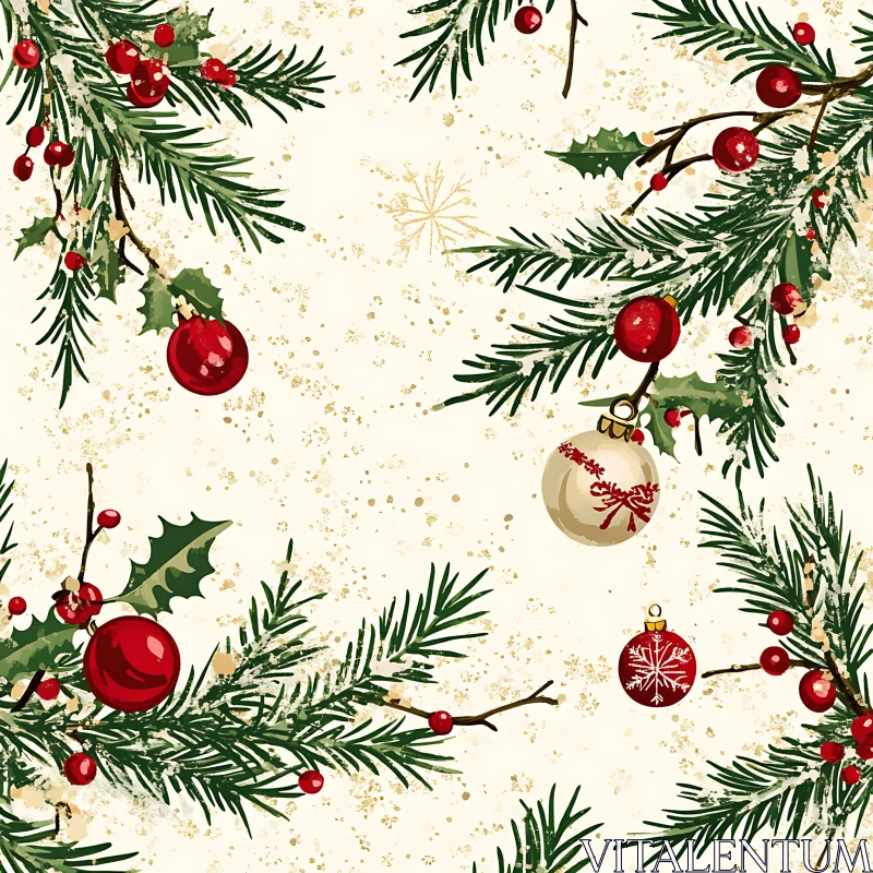 Christmas Pine Branches and Ornaments Pattern AI Image