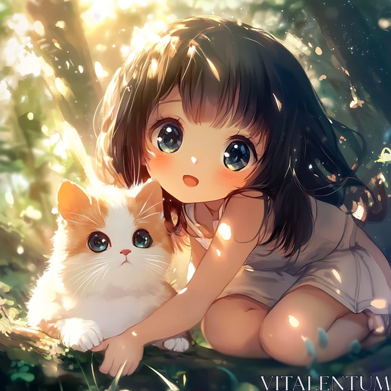 Adorable Anime Girl and Cat in Magical Forest AI Image