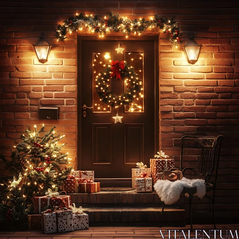 Holiday-Themed Porch with Christmas Decor and Presents AI Image