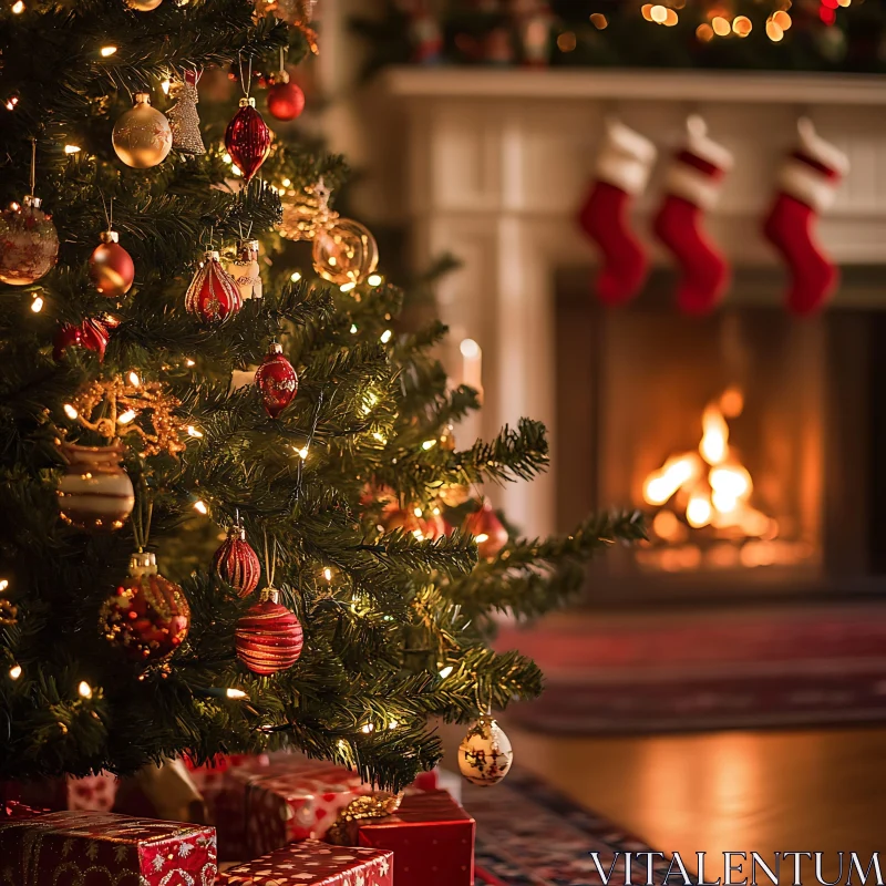 Cozy Christmas Eve with Tree and Fireplace AI Image