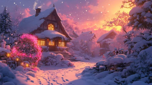 Snow-Covered Cottage with Warm Lighting