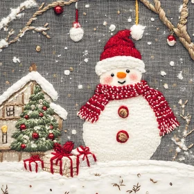 Festive Embroidered Snowman with Gifts and Christmas Tree