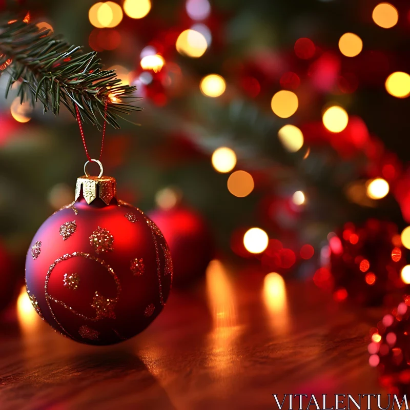 Glittering Red Ornament Hanging on Christmas Tree AI Image