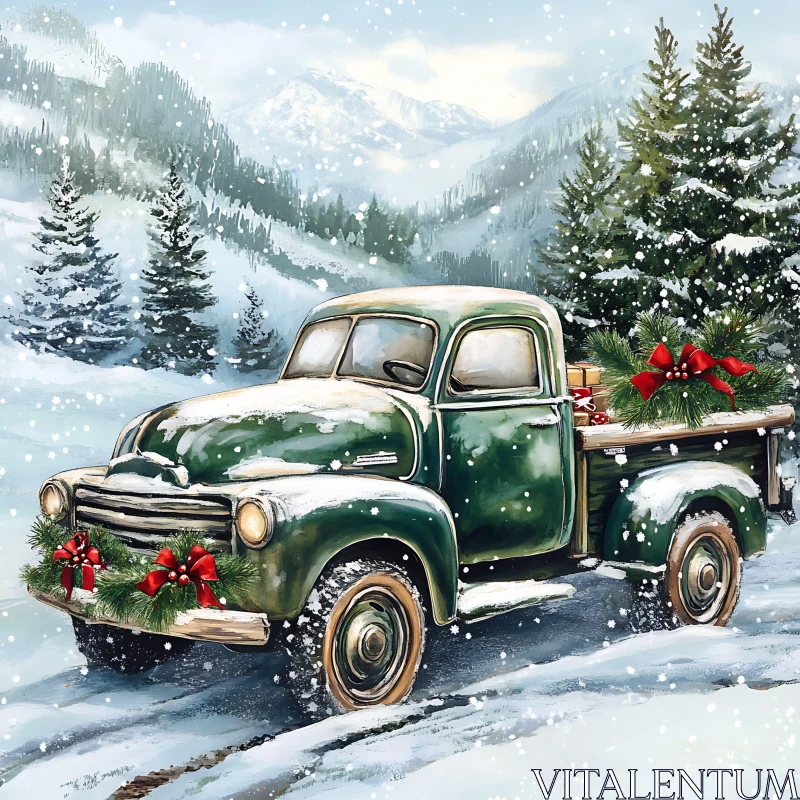 Festive Green Truck in Snowy Winter Mountains AI Image