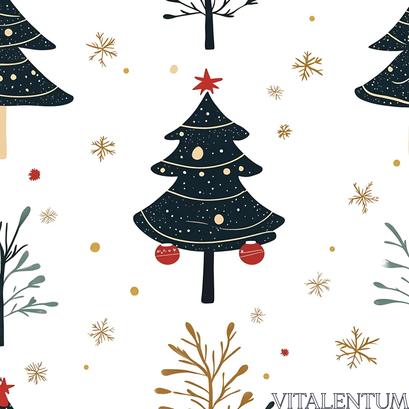 Stylized Evergreen Trees with Baubles and Snowflakes AI Image