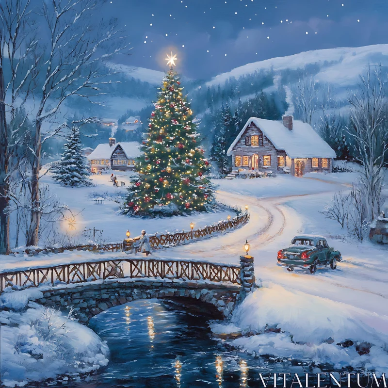 Festive Night in a Snow-Covered Village AI Image