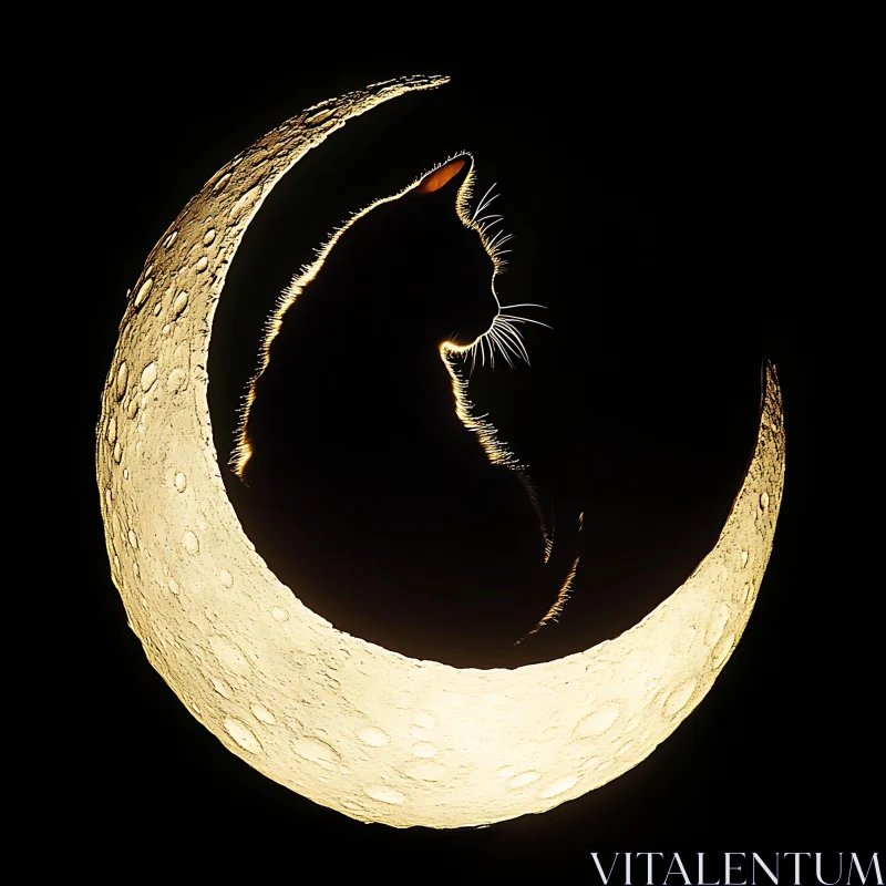 Cat in Glowing Crescent Moon Silhouette AI Image