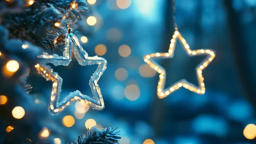 Glowing Star Decorations on Winter Tree