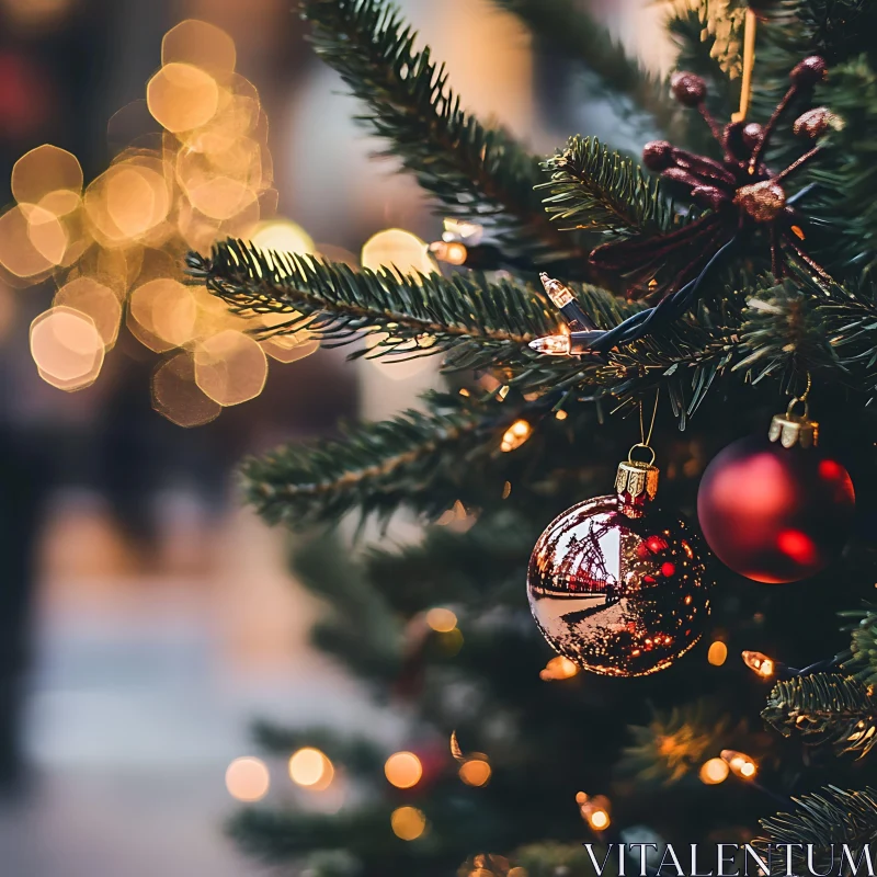 Festive Christmas Tree Decorations and Bokeh Lights AI Image