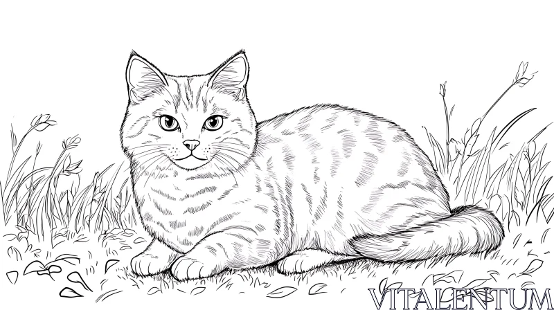 AI ART Black and White Line Art of a Cat in Nature