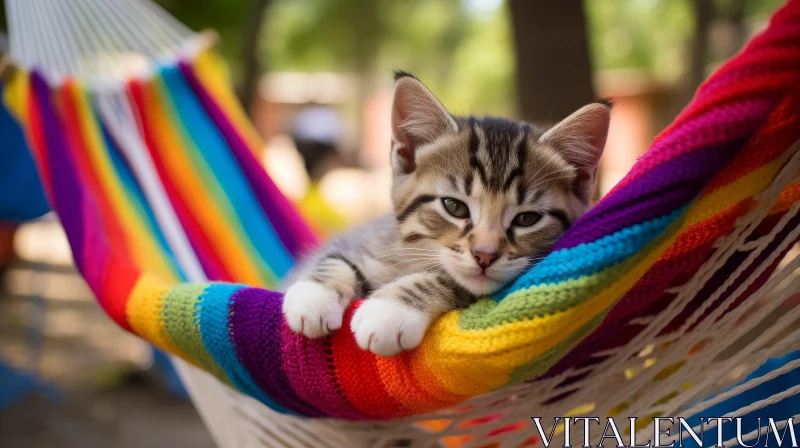 Adorable Tabby Kitten in Rainbow Hammock AI Image